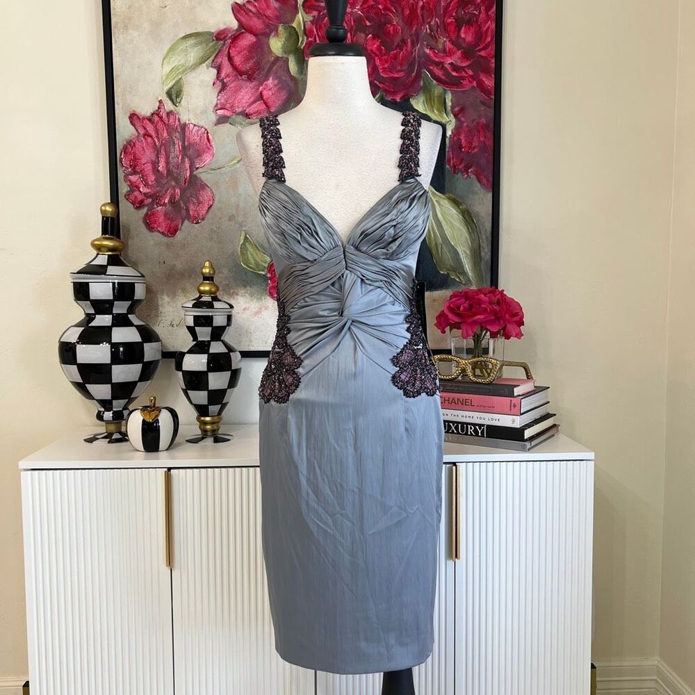 Mandalay Women's Ruched Satin Beaded Cocktail Midi Dress Silver Blue Size 8 NWT